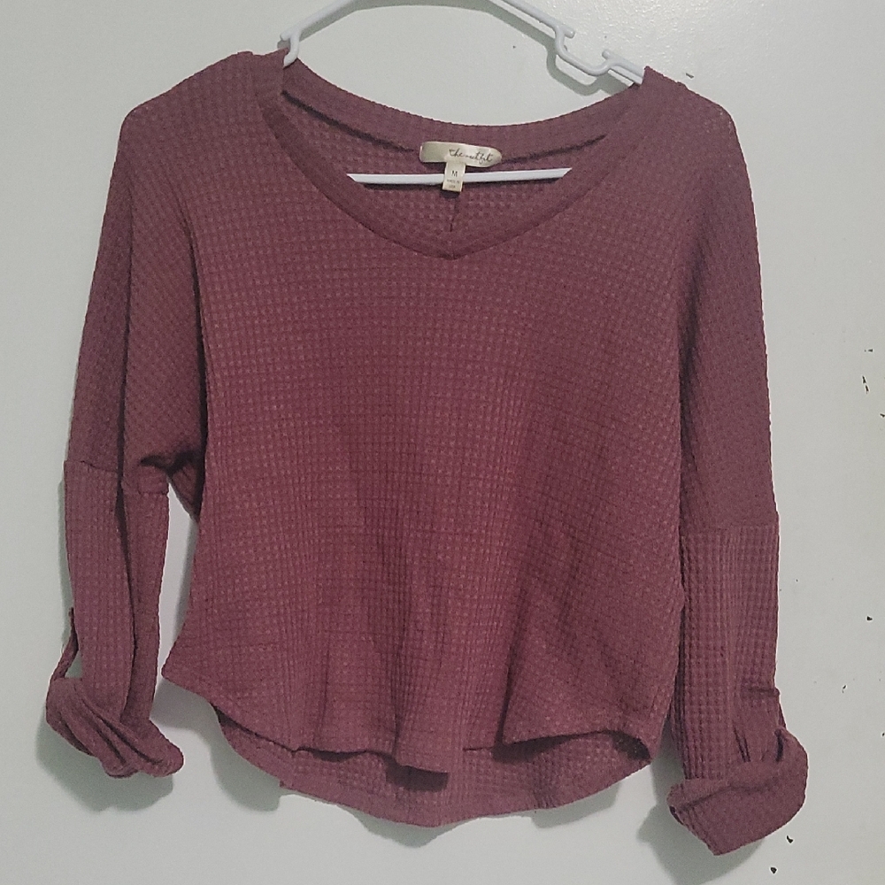 Elegant V-Neck Waffle Knit Top in Burgundy